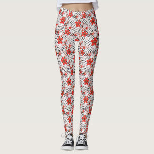 Röda blommor på vit, svart bakgrund. leggings