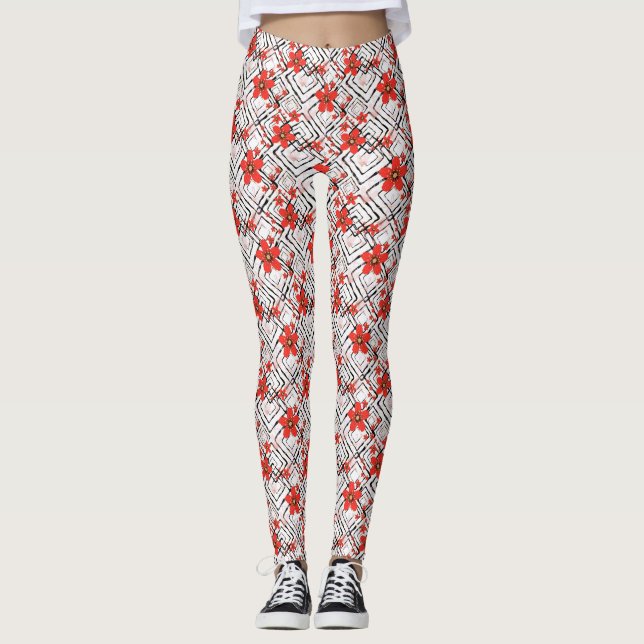 Röda blommor på vit, svart bakgrund. leggings (Framsida)