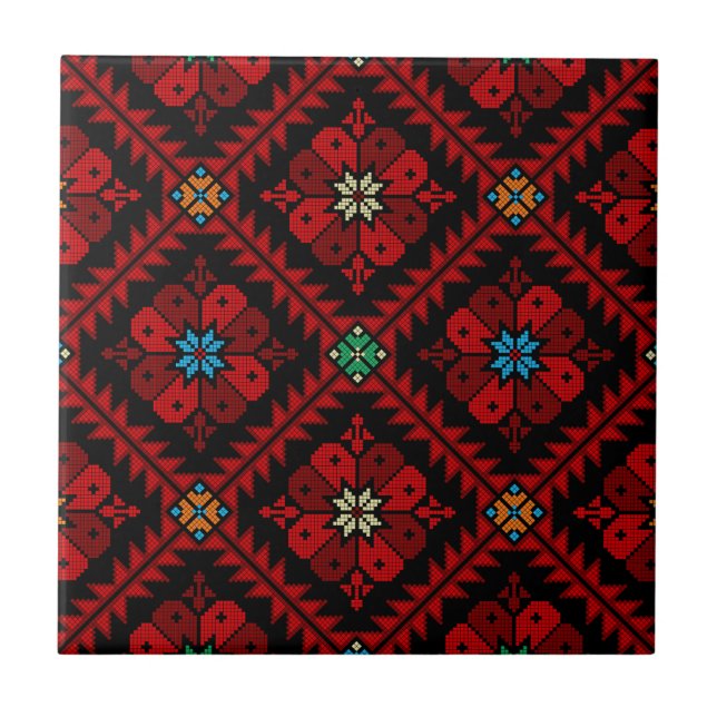 Röda blommor Palestine Embroidery tatreez Mönster Kakelplatta (Framsidan)