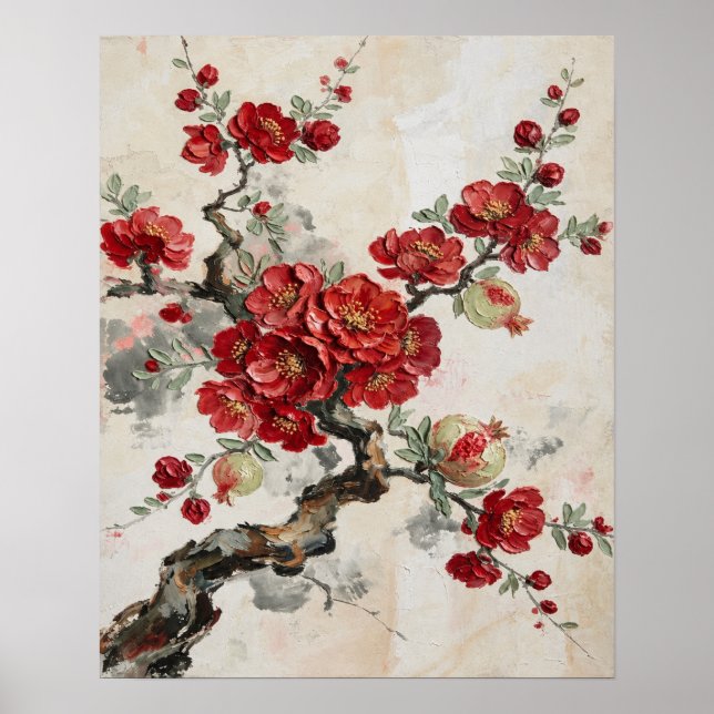 Röda Blommor Pomegranat Gren Oljemålning Konst Poster (Framsidan)