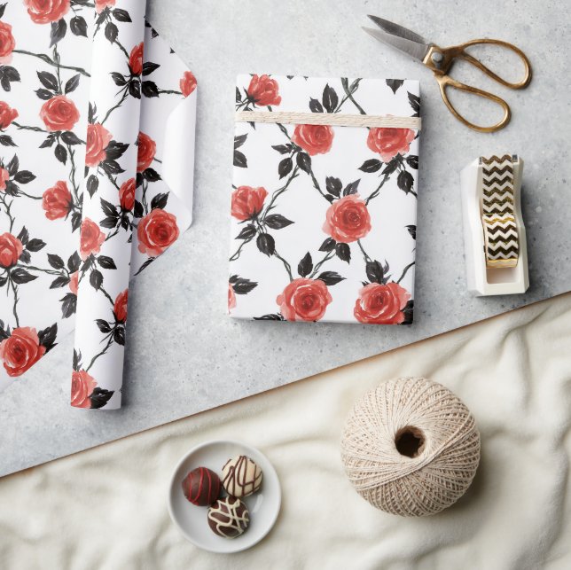 Röda blommor Svarta blad Födelsedag Presentpapper (Hantverk)