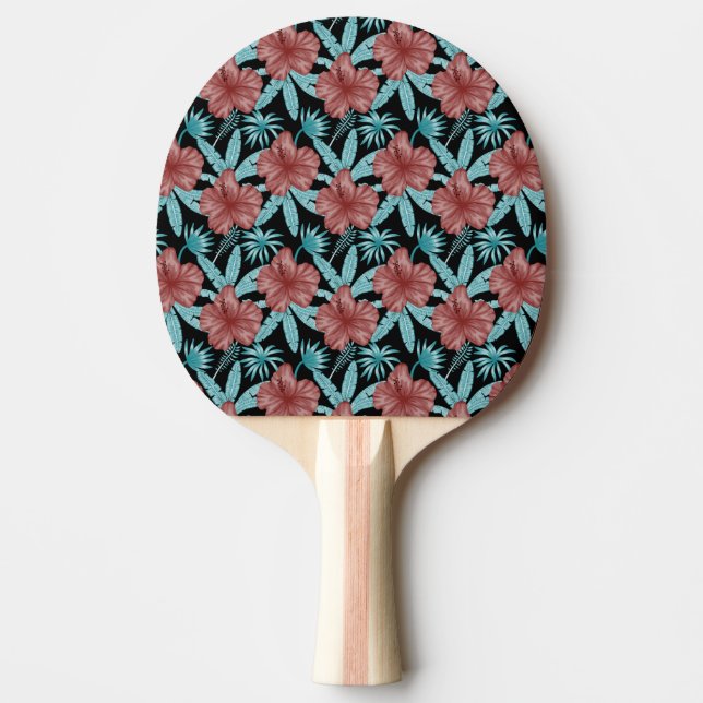 Röda blommor tropiska sömlösa mönster-blå löv pingisracket (Framsidan)