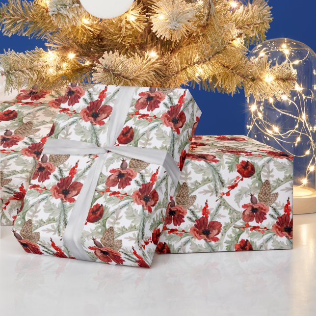 Röda blommor, vattenfärg, Grönt jul, Mönster Presentpapper (Helgdagar)
