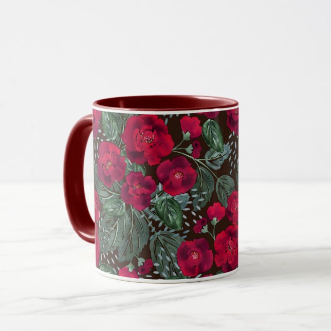 Röda blommor, vattenfärgat blommönster. mugg (Framsida vänster)