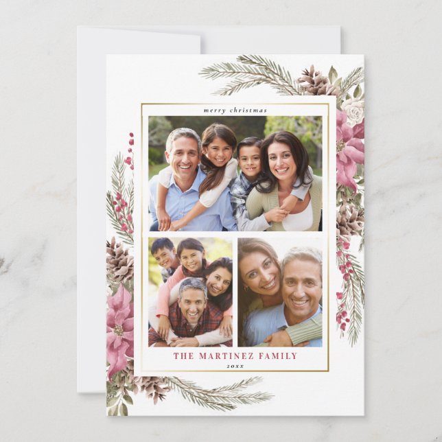 Röda blomster moderna botaniska bär glädjerik jul julkort (Framsida)