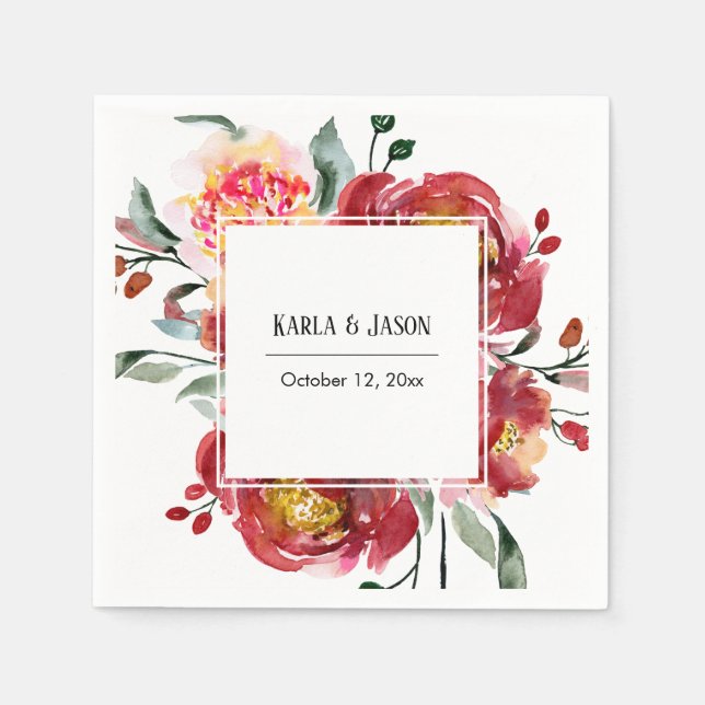 Röda blomsterbukett med namn och datum pappersservett (Framsidan)