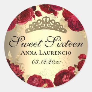 Röda blomsterrosor Guld Sweet Sixteen Runt Klistermärke