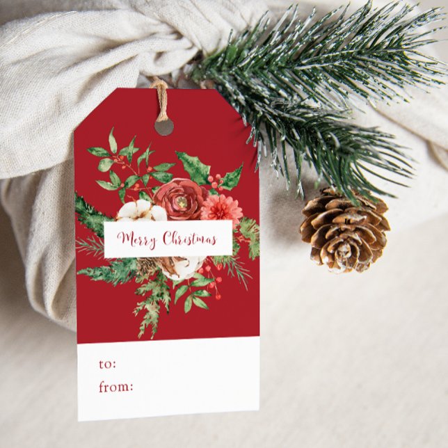 Röda Botaniska Julpresentkort Presentetikett (Red Green Cream Watercolor Botanical Merry Christmas Gift Tags by Painted Paperie
)