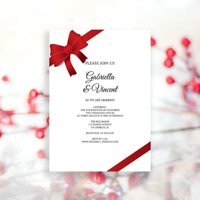 Röda Bows Winter-bröllopsinbjudan Inbjudningar (Invite guests to your wintery marriage with the festive Red Bows Winter Wedding Invitation.)