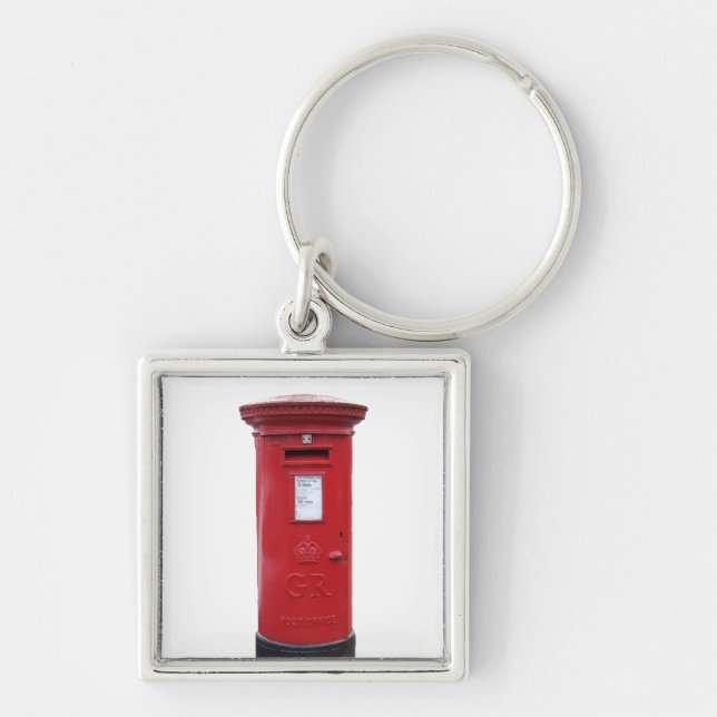 Röda brittiska Post boxas Fyrkantig Silverfärgad Nyckelring (Framsidan)
