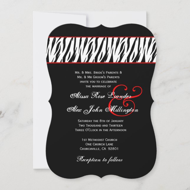 Röda brytningar för svart vitsebra som gifta sig inbjudningar (Framsida)