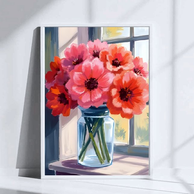 Röda bukettblommor vas akvarellmålning poster (Skapare uppladdad)