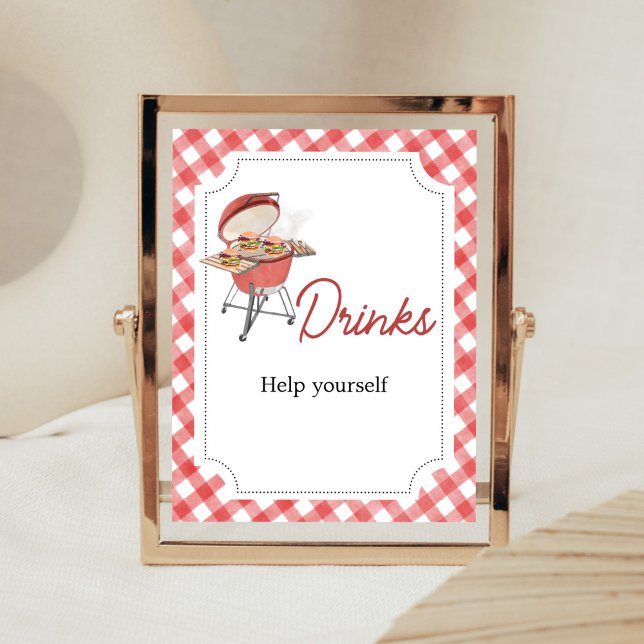 Röda burger BBQ Baby Shower Drinks Poster (Backyard BBQ Baby Shower Drinks Sign)