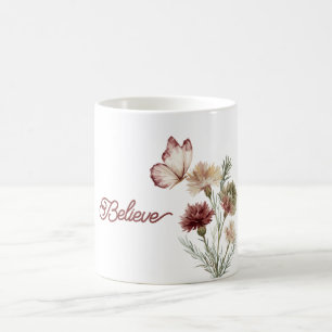 Röda Burgunder Vita Fjärilsblommor Kaffemugg