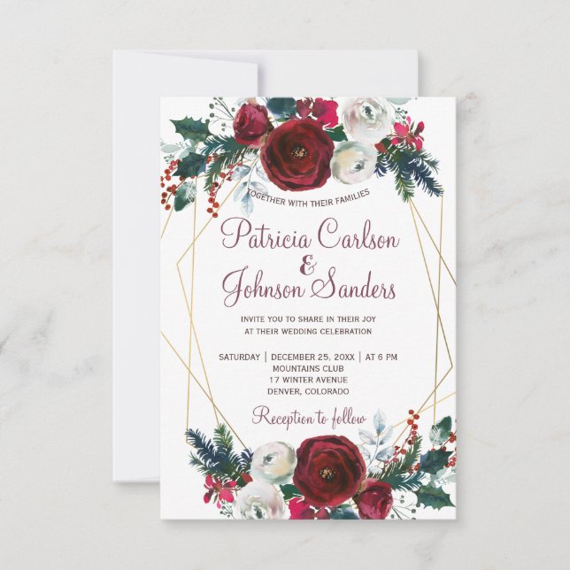 Röda burgundöpevar guld, geometriska ram bröllop inbjudningar (Framsida)