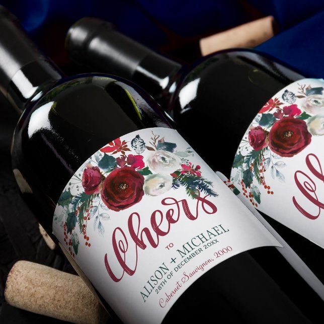 Röda burgundöva, vita blommigt buquet-tuber bröllo vinflaska etikett (Skapare uppladdad)