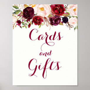 Röda Burgundy Blommiga Kort Och Gåvor Bröllopsaffi Poster