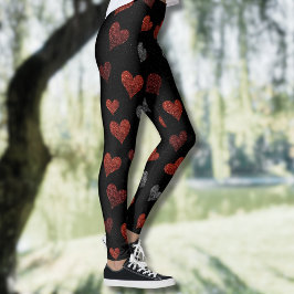Röda Burgundy Silver Glitter Hjärtan på Svart Leggings