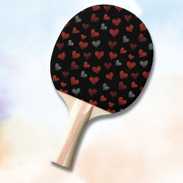 Röda Burgundy Silver Glitter Hjärtan på Svart Pingisracket