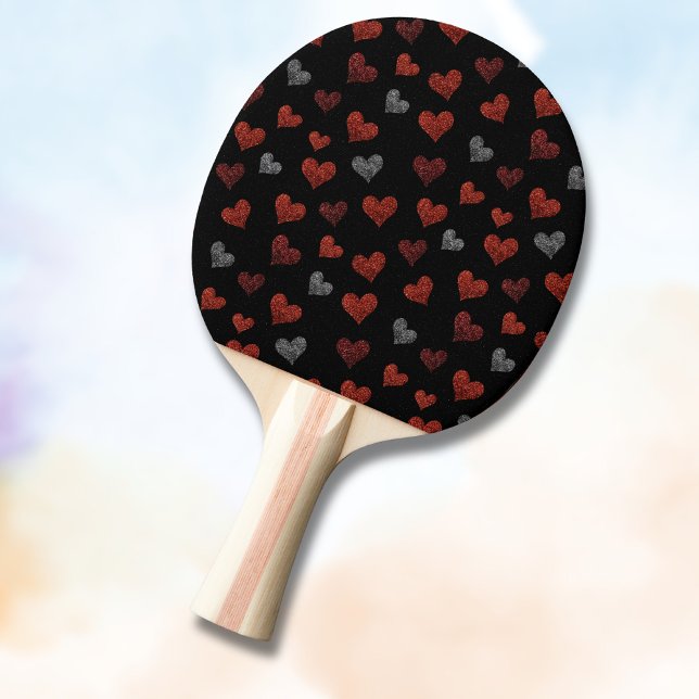 Röda Burgundy Silver Glitter Hjärtan på Svart Pingisracket (Skapare uppladdad)