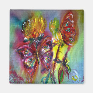 RÖDA BUTTERFLITER PÅ GULT-HISSAR,BLÅ HIMMEL Blommi Magnet