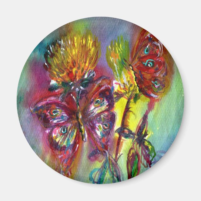 RÖDA BUTTERFLITER PÅ GULT-HISSAR,BLÅ HIMMEL Blommi Magnet (Framsidan)