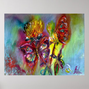 RÖDA BUTTERFLITER PÅ GULT-HISSAR,BLÅ HIMMEL Blommi Poster