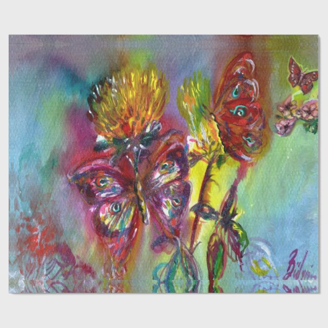 RÖDA BUTTERFLITER PÅ GULT-HISSAR,BLÅ HIMMEL Blommi Presentpapper (Platt)