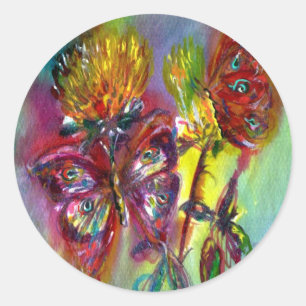 RÖDA BUTTERFLITER PÅ GULT-HISSAR,BLÅ HIMMEL Blommi Runt Klistermärke