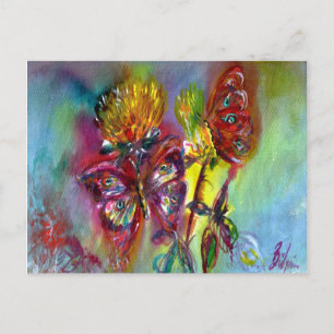 RÖDA BUTTERFLITER PÅ GULT-HISSAR,BLÅ HIMMEL Blommi Vykort