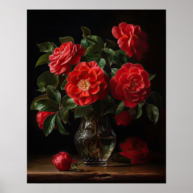 Röda Camellia Flowers Art Skriv ut Poster (Framsidan)
