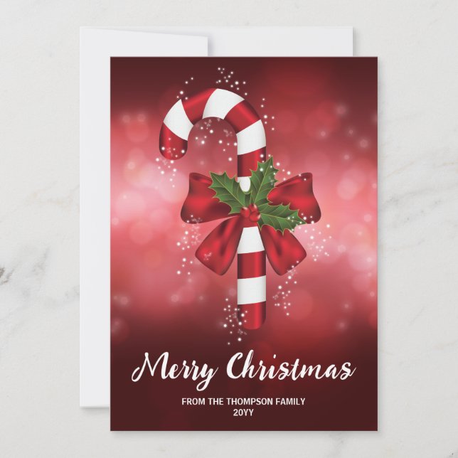 Röda Candy cane på Röda bokebakgrunden Julkort (Framsida)
