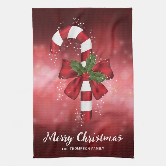 Röda Candy cane på Röda bokebakgrunden Kökshandduk (Vertikal)