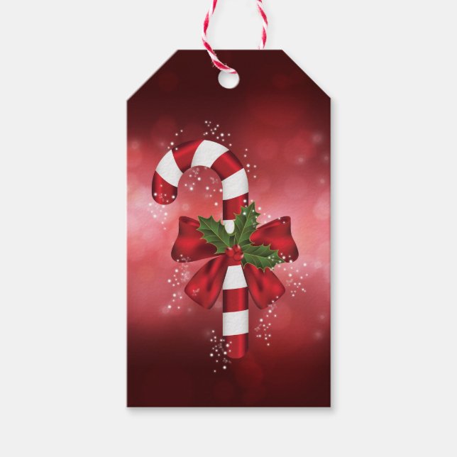 Röda Candy cane på Röda bokebakgrunden Presentetikett (Framsidan)