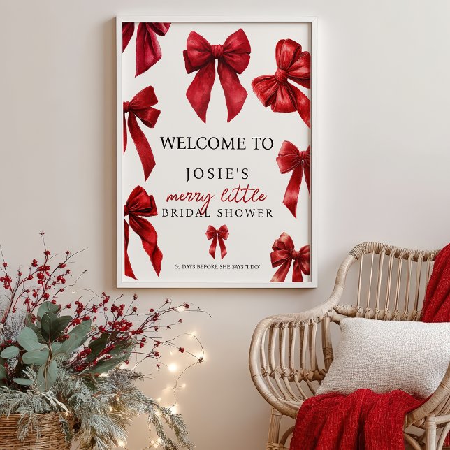 Röda Coquette-bågar Jul Vinter Bröllops Välkomstsk Poster (Red Coquette Bows Christmas Winter Bridal Welcome Poster)