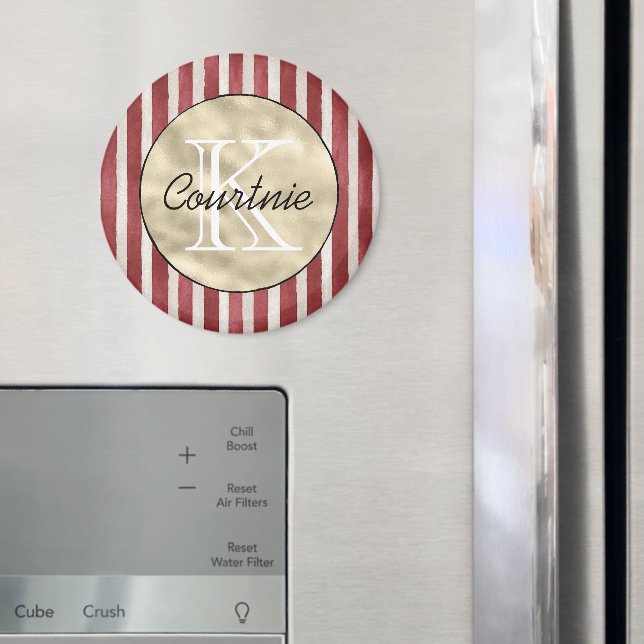 Röda Crème Ränder Guld Monogram      Magnet (In Situ (Fridge))