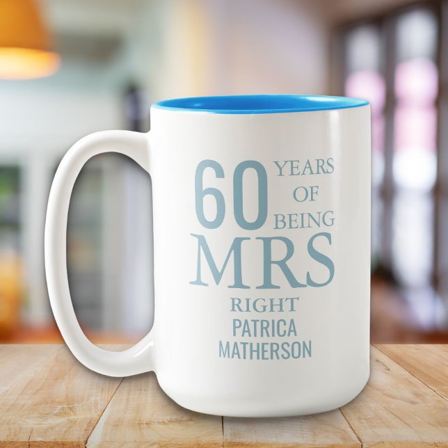 Röda Dag Rolig 60-års bröllopsdag Två-Tonad Mugg (Mrs Right Fun 60th Wedding Anniversary Two-Tone Coffee Mug)