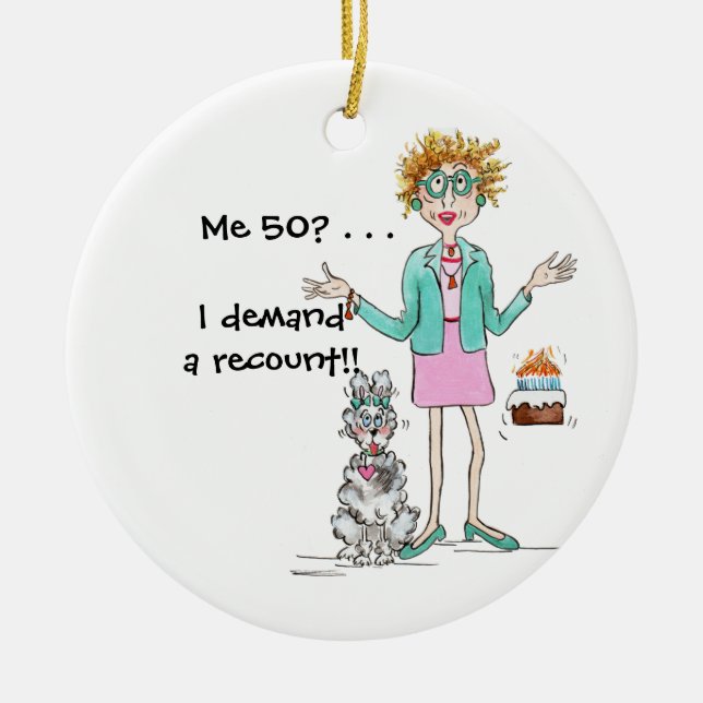 Röda dam blir 50 och protesterar mot keramiska orn julgransprydnad keramik (Framsidan)