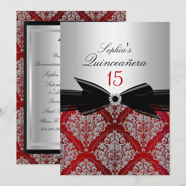 Röda Damask Bow Quinceanera-meddelanden Inbjudningar (Fram/baksida)
