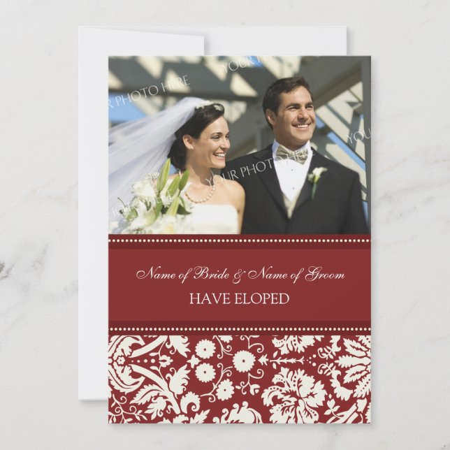 Röda Damaskfoto Elopement Announcement Card Meddelande (Framsida)