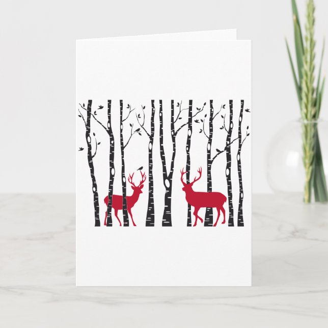 Röda deers i björkträdskog helgkort (Framsida)