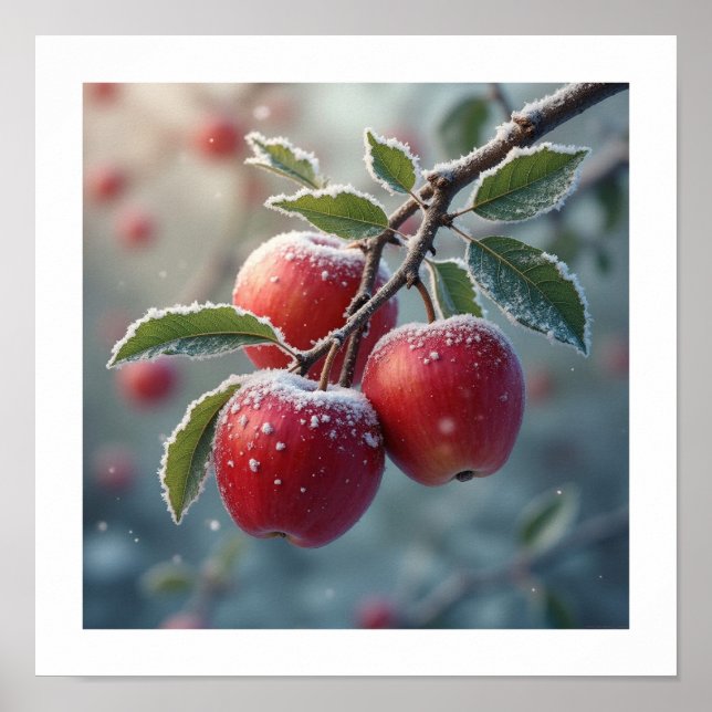 Röda delikata äpplen med snö poster (Framsidan)