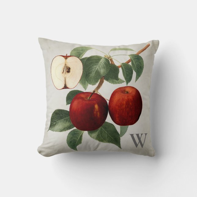 Röda den Monogrammed Apple botaniska vattenfärgen Kudde (Framsida)
