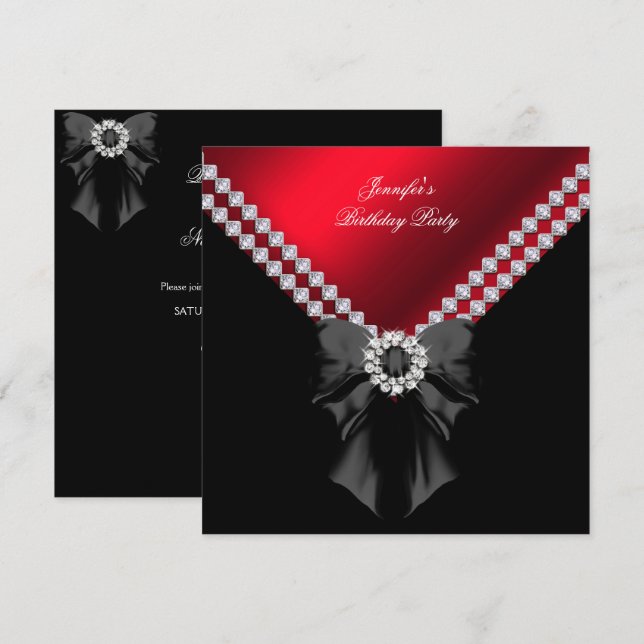 Röda Diamanter Elegant Födelsedagsfest Svart Inbjudningar (Fram/baksida)