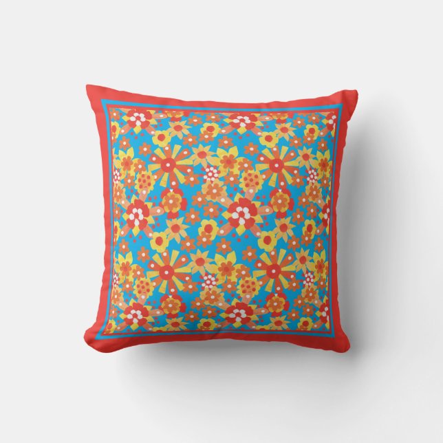 Röda Ditsy, orange, gula blommor på turkos Kudde (Framsida)