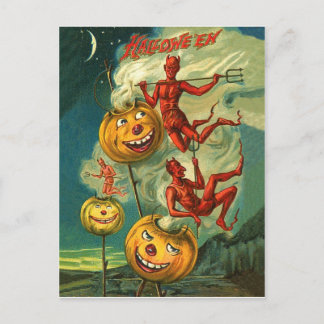 Röda djävlar ridande på halloweenpumpors rök vykort