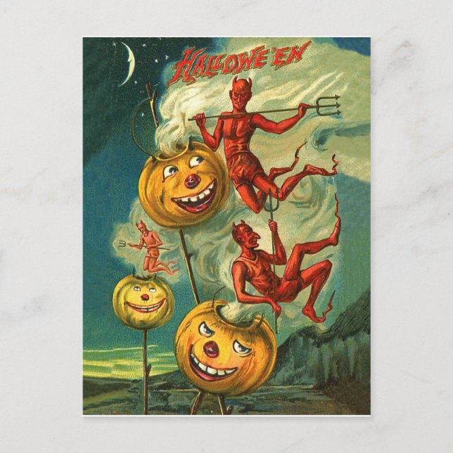 Röda djävlar ridande på halloweenpumpors rök vykort (Framsida)