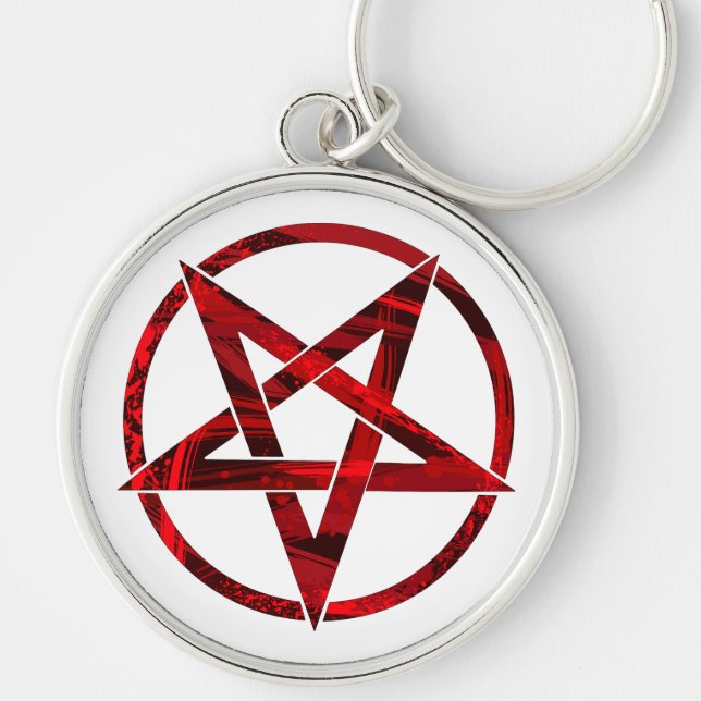 Röda Djävulens Pentagram Rund Silverfärgad Nyckelring (Framsidan)