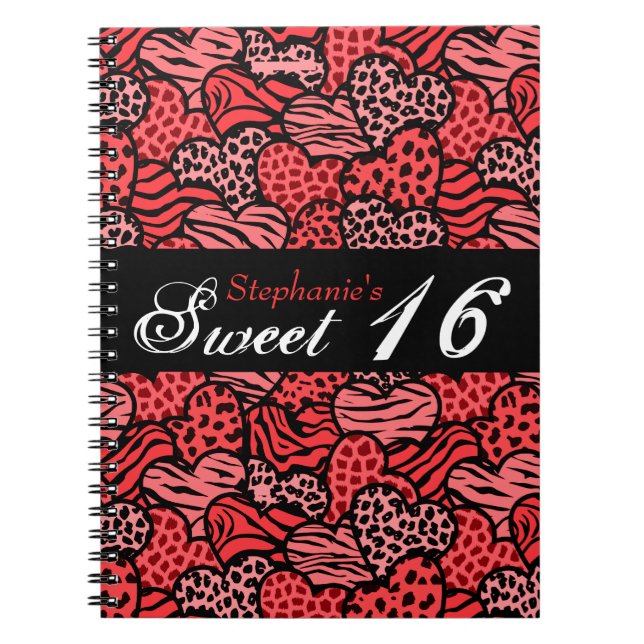 Röda djurhjärtan i mönster Sweet 16 Anteckningsbok (Framsidan)
