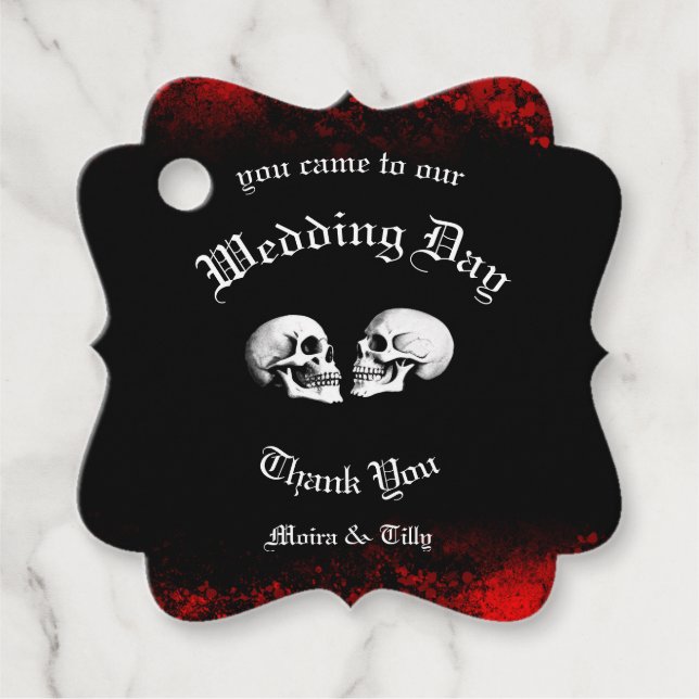 Röda Dödens Dansande Skelett Gotisk Bröllop Gåvor Etiketter (Framsida)